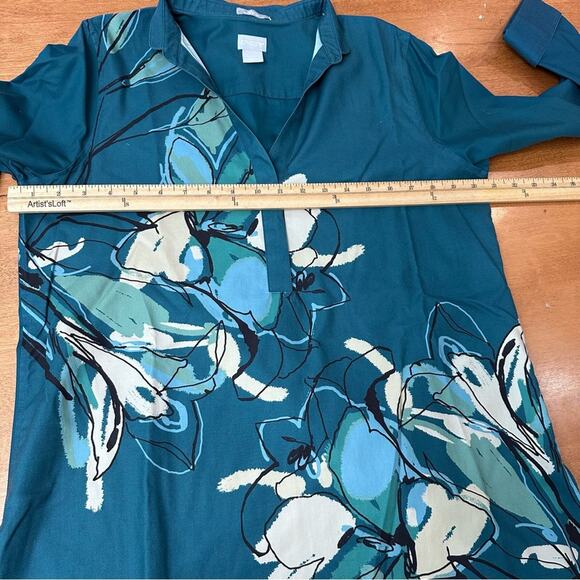 Chico’s Size 1 US 8 No Iron Stretch Tunic Top Teal Green Floral Mandarin Floral - Picture 8 of 8